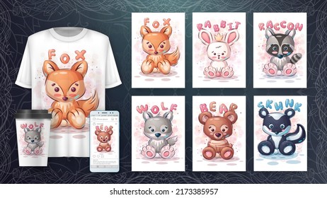 Cartoon character adorable animal, pretty zoo idea for print t-shirt, poster and kids envelope, postcard. Cute hand drawn style animals