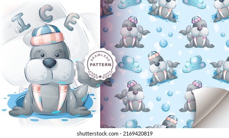 Cartoon character adorable animal walrus - seamless pattern