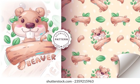 Cartoon character adorable beaver, pretty animal idea for print t-shirt, poster and kids envelope, postcard. Cute hand drawn style beaver. Vector eps 10