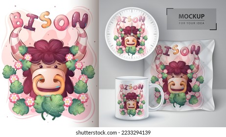 Cartoon character adorable bull, pretty animal idea for print t-shirt, poster and kids envelope, postcard. Cute hand drawn style cow. Vector eps 10