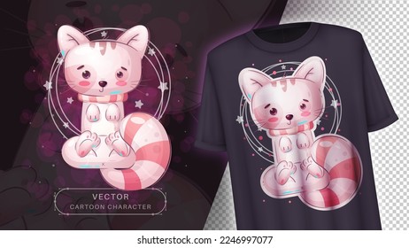 Cartoon character adorable cat, pretty animal idea for print t-shirt, poster and kids envelope, postcard. Cute hand drawn style kitty. Vector eps 10