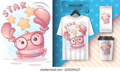 Cartoon character adorable crab, pretty animal idea for print t-shirt, poster and kids envelope, postcard. Cute hand drawn style crab. Vector eps 10