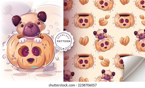 Cartoon character adorable dog in pumpkin, pretty animal idea for print t-shirt, poster and kids envelope, postcard. Cute hand drawn style cow. Vector eps 10