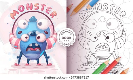 Personaje de dibujos animados adorable monstruo de horror, idea de animal bonito para imprimir camiseta, póster y sobres para niños, postal. Monstruo dibujado a mano lindo - libro para colorear. Vector eps 10