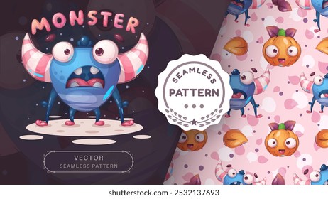 Monstruo adorable del horror del carácter de la historieta, idea animal bonita para la camiseta de la impresión, cartel y sobre de los niños, postal. Monstruo dibujado a mano lindo - patrón sin fisuras. Vector EPS 10