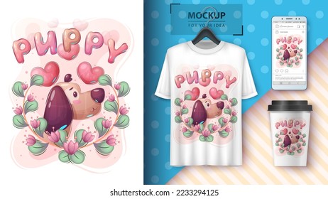 Cartoon character adorable love dog, pretty animal idea for print t-shirt, poster and kids envelope, postcard. Cute hand drawn style puppy. Vector eps 10