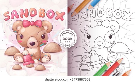 Caricatura de personaje adorable animal doméstico de caja de arena oso, idea de animal bonito para imprimir camiseta, póster y sobres para niños, postal. Lindo oso de sandox de estilo dibujado a mano. Vector eps 10