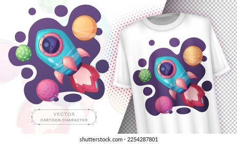Caricatura del personaje adorable cohete en el espacio, ilustración infantil de estilo dibujado a mano. Vector eps 10