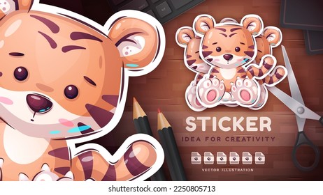 Cartoon character adorable tiger, pretty mushroom idea for print t-shirt, poster and kids envelope, postcard. Cute hand drawn style tiger. Vector eps 10