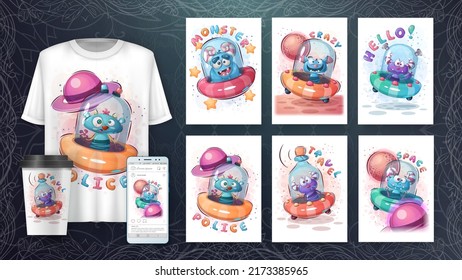 Cartoon character adorable ufo, pretty monster idea for print t-shirt, poster and kids envelope, postcard. Cute hand drawn style space