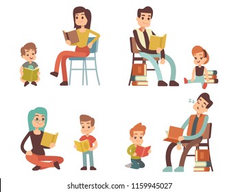 Cartoon character adults and kids reading books isolated on white background. Vector illustration