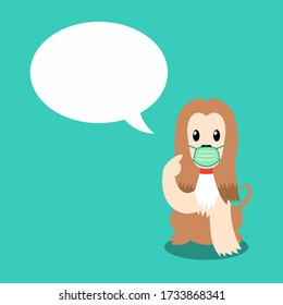 Cartoon character afghan hound dog wearing protective face mask with speech bubble for design.
