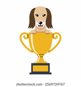 Cartoon character afghan hound dog with gold trophy cup award for design.