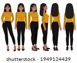 Cartoon character with African American business woman in casual wear for animation. Front, side, back, 3-4 view character. Flat vector illustration