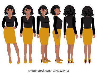 Cartoon character with African American business woman in casual wear for animation. Front, side, back, 3-4 view character. Flat vector illustration