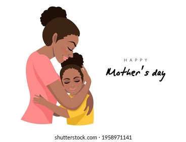 Cartoon character with African American mom and daughter embrace. Mother s day background. Isolated design on white background. Vector illusrtation