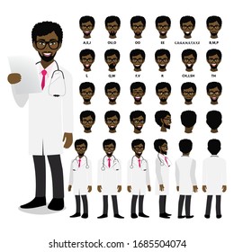 Cartoon character with an African American professional male doctor in a smart uniform for animation. Front, side, back, 3-4 view character. Separate parts of the body. Flat vector illustration.