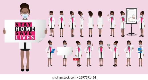 Cartoon character with an African American professional female doctor or medical worker wearing medical mask on face in different poses to fight corona-virus. Flat icon design