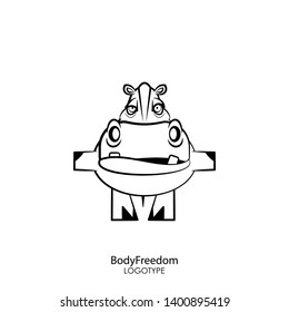Cartoon character of an African animal. Funny cute hippo is standing in a flight pose on a white background. Vector illustration. The inhabitant of Africa and the Sahara. Flight of the body.