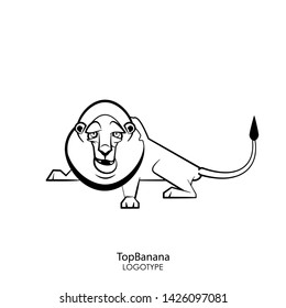 Cartoon character of an African animal. A funny cool lion with a pained mane lies and grimaces with an open mouth. Vector. Conceptual. Leader. Ringleader.