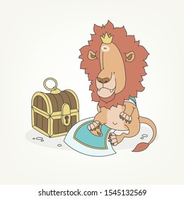 Cartoon character of a african animal. A funny cute lion sits next to a chest and poses in a crown and royal cape. Vector illustration