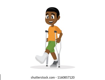 Cartoon Character, African Boy With Broken Leg In Plaster., Vector Eps10