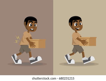 Cartoon character, African Boy and Correct posture to lift a heavy object safely., vector eps10