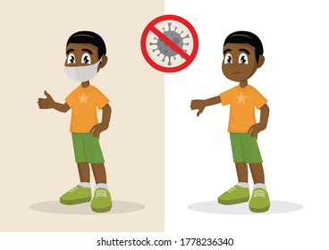 Cartoon character, African boy covering face with medical mask and showing thumbs up and boy not face with medical showing thumbs down.Stop coronavirus.,vector eps10