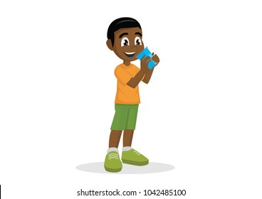 Cartoon Character, African Boy Drinking Water., Vector Eps10