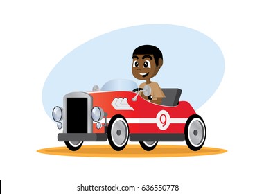 Cartoon character, African Boy driving Mini classic car., vector eps10