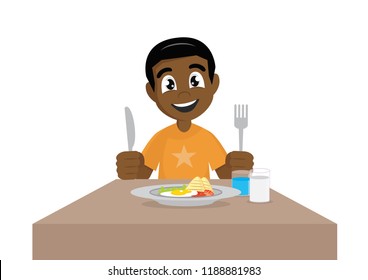 Cartoon Character,  African Boy Eat Breakfast., Vector Eps10