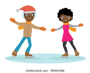 Cartoon character, African Boy and girl on Ice skates., vector eps10