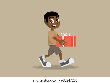 Cartoon character, African Boy holding big gift box., vector eps10