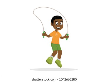 Cartoon character, African Boy jumping rope.,vector eps10