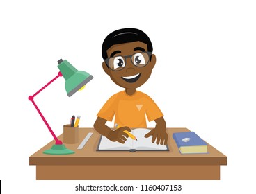 Cartoon character, African Boy makes a homework., vector eps10