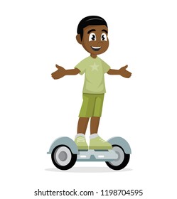 Cartoon character, African Boy on self balancing scooter ., vector eps10