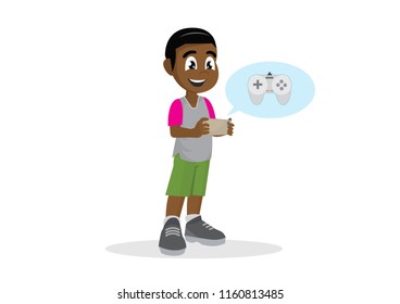 Cartoon character, African Boy playing game on smartphone., vector eps10