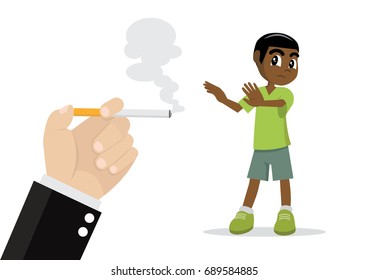 Cartoon character, African Boy refuses Pollution from cigarette smoke., vector eps10