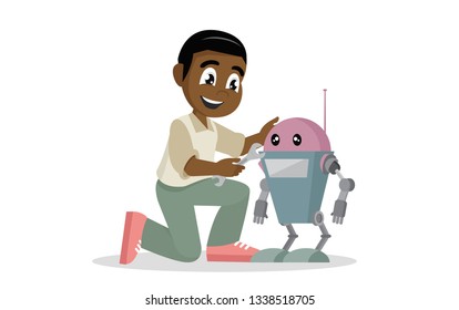 Cartoon character, African boy repairing toy Robot.,vector eps10
