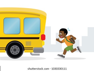 Cartoon Character, African Boy Running After A School Bus., Vector Eps10