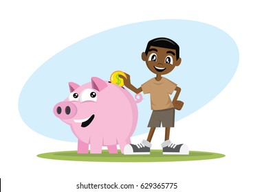 Cartoon Character, African Boy, Saving Money In A Big Piggy Bank., Vector Eps10