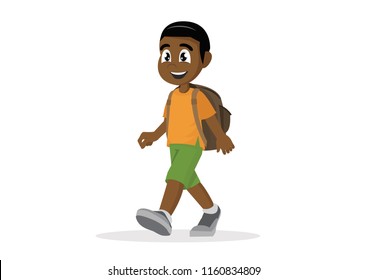 Cartoon Character, African Boy With Schoolbag Walking., Vector Eps10