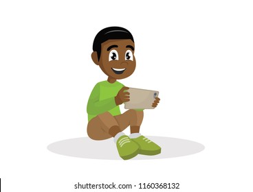 Cartoon character, African Boy sitting on the floor with a tablet computer in hands., vector eps10