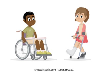 Cartoon character, African Boy sitting on a wheelchair and Girl with broken leg.,vector eps10