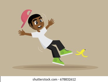 Cartoon character, African boy slip banana peel on the floor, vector eps10