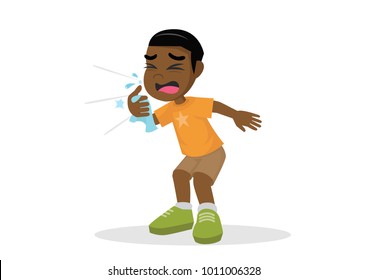 Cartoon Character, African Boy Sneezing., Vector Eps10