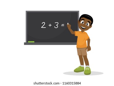 Cartoon character, African Boy is standing by the school board with chalk in his hand., vector eps10