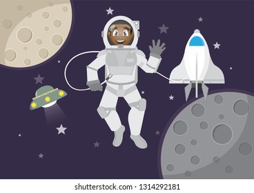 Cartoon character, African Boy tourism in Space., vector eps10