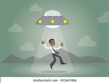 Cartoon character, African businessman abducted by UFO., vector eps10