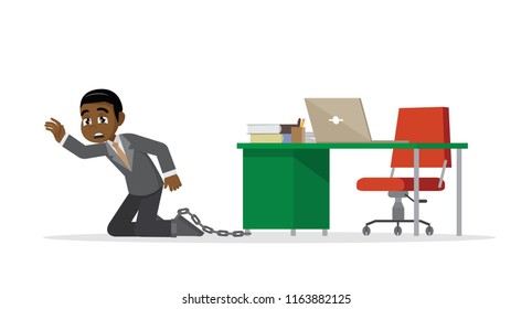 Cartoon character, African Businessman being chained to a desk., vector eps10